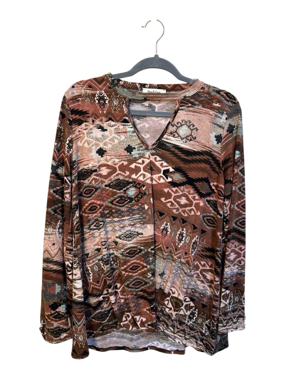 Peach Love California Multi Brown Aztec‑Print Long Sleeve Top